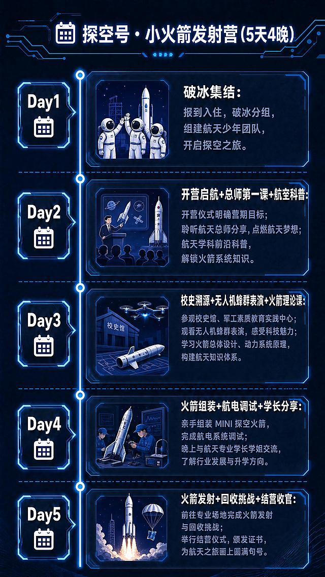 在现有深蓝色潮酷科技风行程页模板基础上，替换顶部标题为"探空号・小火箭发射营(5天4晚)"，替换五天行程文案为探空号新内容：Day1破冰集结：报到入住，破冰分组，组建航天少年团队，开启探空之旅。Day2开营启航+总师第一课+航天科普：开营仪式明确营期目标；聆听航天总师分享，点燃航天梦想；航天学科前沿科普，解锁火箭系统知识。Day3校史溯源+无人机蜂群表演+火箭理论课：参观校史馆、军工素质教育实践中心；观看无人机蜂群表演，感受科技魅力；学习火箭总体设计、动力系统原理，构建航天知识体系。Day4火箭组装+航电调试+学长分享：亲手组装 MINI 探空火箭，完成航电系统调试；晚上与航天专业学长学姐交流，了解行业发展与升学方向。Day5火箭发射+回收挑战+结营收官：前往专业场地完成火箭发射与回收挑战；举行结营仪式，颁发证书，为航天之旅画上圆满句号。保持原深蓝色潮酷科技风格、时间轴发光效果和排版结构不变，每个模块图标和插图替换为适配火箭航天主题，保证所有文字清晰可见。