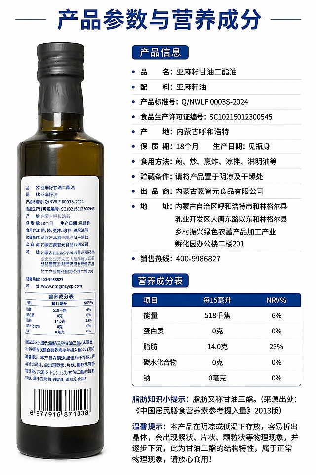 [第5屏] 规格营养信息屏-亚麻籽甘油二酯油参数与营养成分展示。本屏使用产品背面图【图2】和营养细节图【图4】展示信息。
[氛围/风格] 干净清晰参数展示风，简约专业，信息一目了然。
[元素布局] 画面左侧放置产品背面图【图2】，占比约50%，右侧区域排版核心参数和营养成分信息，保留用户提供的配料、保质期、食用方法等信息，提取营养成分表清晰展示；产品背部标签文字保持和原图一致。
[光影质感] 均匀柔光照明，所有文字信息清晰可辨，无过曝或阴影遮挡。
[配色色系] 全局底色 #FFFFFF；主色黑色文字，辅助色蓝色标题，干净清爽。
[视角构图] 左产品右信息对称构图，信息分区清晰，阅读顺序从上到下流畅。
[文字版式] 顶部蓝色标题「产品参数与营养成分」，右侧分点展示配料、保质期、食用方法，下方放置营养成分表，字体大小适合手机阅读，信息分区明确。
[比例分辨率] 9:16 竖版比例，4K分辨率，文字清晰可辨，高清画质。
[负向提示词] 文字错乱，标签变形，信息缺失，水印，模糊，颜色偏差，二维码，网址，条形码