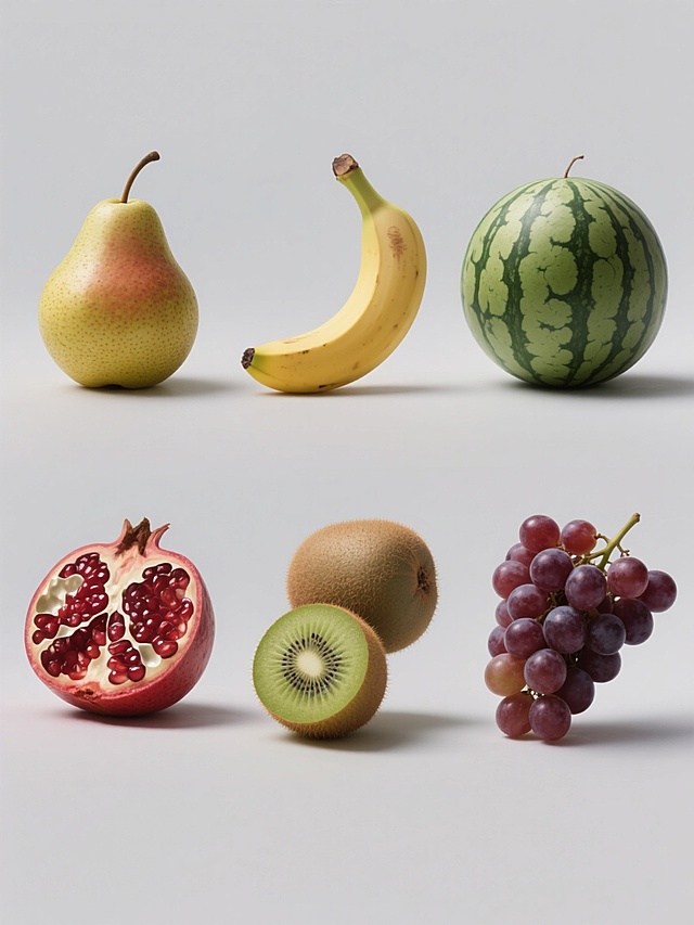 6个规整排布的水果素材，每张素材均为单一水果造型图案，水果包含梨子、香蕉、西瓜、石榴、猕猴桃、葡萄，保持高写实风格，水果表面纹理细节清晰，色彩饱满自然，光影效果柔和，带有真实的高光和阴影，纯色背景，整体构图简洁规整