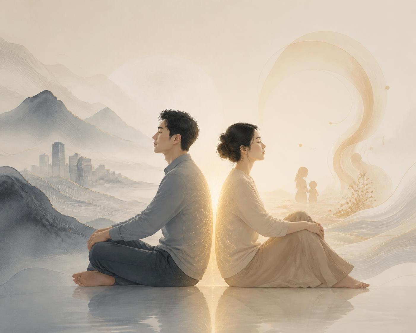 公众号文章内容插图，背对背的两个人意象。画面中一男一女背靠背坐… - 图片创意预览
