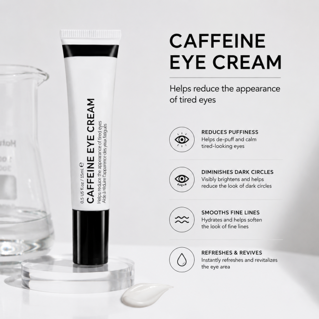 Caffeine eye cream English e-commerce main image, product display, highlight the product's benefits预览效果