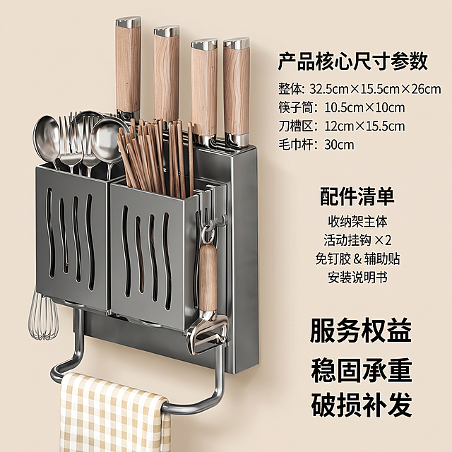 [主图5] 免打孔刀筷一体收纳架规格权益说明图，温馨舒适家居简约风格，抖音平台适配，中文文案。画面氛围为干净清爽的产品展示场景，浅米白柔光背景。画面左侧完整展示深灰色免打孔刀筷一体收纳架产品，产品外观材质颜色与输入原图完全一致无变形色差，右侧分三列整齐排布文字信息：第一列标注产品核心尺寸参数，第二列标注配件清单，第三列标注服务权益“稳固承重 破损补发”。整体排版整洁有序，无多余杂乱元素。商业摄影质感，光线均匀明亮，产品清晰干净。主光为正面柔光，无明显阴影。产品主体占画面60%左右，1:1正方形构图，平视正视角。文字全部采用深灰色无衬线字体，层级分明，大字突出核心权益，小字标注细节参数，文字放置在右侧留白区域不遮挡产品主体。2k分辨率，文字清晰锐利。负向提示词：变形，水印，文字错乱，产品图模糊，背景杂乱，信息堆砌。