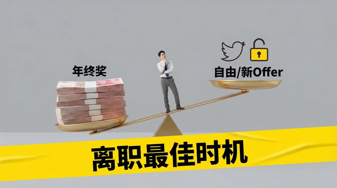 [image-极简主义风格，灰色背景。一个金色的天平。左边放着一叠厚厚的钞票（年终奖），右边放着一个“自由/新Offer”的图标。天平正在剧烈摇摆。一个职场人站在天平中间沉思。画面底部叠加醒目的黄色胶预览效果