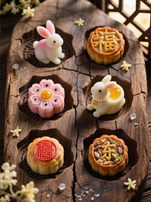 白色背景上，六个不同样式、不同材质、不同配色的卡通风格月饼整齐排列，月饼表面有精致的传统花纹和吉祥图案，包括莲蓉蛋黄、五仁、豆沙等经典口味的视觉区分，搭配可爱的白色兔子玩偶、粉色桂花、红色丝带等中秋元预览效果