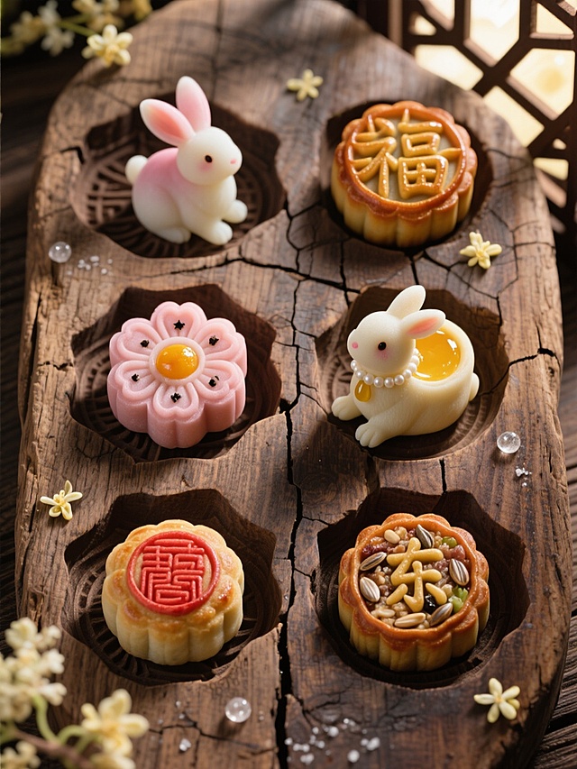 中式感月饼，甜美可爱，国潮风设计，轻拟物手法，中秋佳节氛围浓厚。