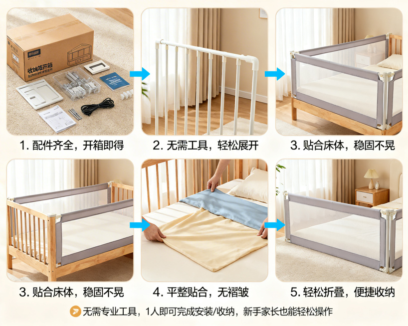 使用方法板块，纵向步骤化图文展示，共5步，每步配实拍操作图加箭头指引，文字简洁：1.步骤1：取出产品及配件，配图为收纳箱开箱展示所有配件，标注“配件齐全，开箱即得”。2.步骤2：展开架杆，配图为架杆展预览效果