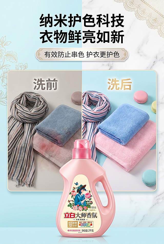 2:3竖版电商详情图纳米护色科技卖点，马卡龙清新风 + 法式复古风，浅蓝白色渐变背景。画面左右两侧做对比展示，左侧是使用普通洗衣液洗涤后褪色发旧的彩色衣物，右侧是使用立白大师香氛洗衣液洗涤后依旧鲜亮如新的同款衣物。画面下方严格还原上传的立白大师香氛洗衣液产品图，产品尺寸比例1:1。字体采用粗细对比排版 + 标签贴纸文字，主标题 "纳米护色科技 衣物鲜亮如新" 位于画面上方居中；副标题 "有效防止串色 护衣更护色" 使用圆角矩形标签样式，位于主标题下方；对比区域标注 "洗前"、"洗后" 字样，视觉对比强烈。