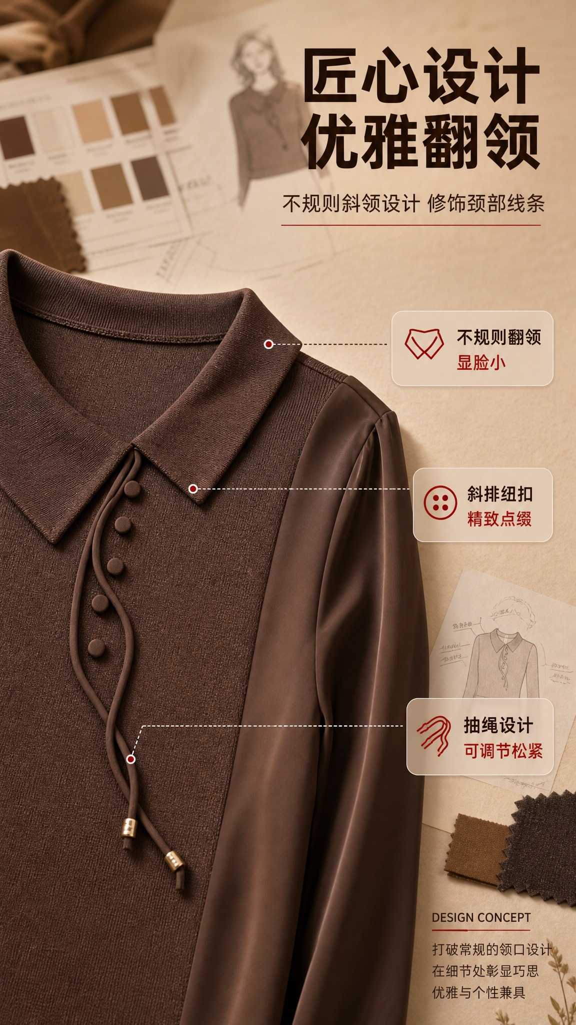 [商品] 使用【图1】棕色不规则翻领拼接长袖针织衫；商品处理：… - 图片创意预览