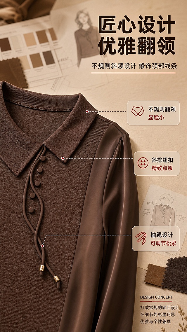 [商品] 使用【图1】棕色不规则翻领拼接长袖针织衫；商品处理：保留不规则翻领、斜排纽扣、抽绳金属头、针织主体+雪纺拼接袖、罗纹下摆、整体版型和棕色；自然去皱，理顺垂坠，增强针织纹理和雪纺光泽，不改变版型。
[画面] 目标：设计理念页，突出不规则翻领的独特设计和优雅气质。构图：竖版9:16，左侧放大展示领口细节（不规则翻领+斜排纽扣+抽绳），占画面60%；右侧留白放文案。背景：暖棕色系，浅棕色纸张质感背景，散落面料小样、色卡、设计草图元素，营造设计工作室氛围。前中后景：前景领口特写、中景面料小样、后景虚化设计稿。
[视觉] 套系策略：风格=拼多多接地气高级感商业摄影；标题字=粗黑体醒目大字；正文字=清晰无衬线体；主色=深棕色；背景延展=基于棕色做深浅渐变、同色系层次和纸张/布料质感；强调色=大红色，仅用于重点高亮和图标；标题色=深棕色；正文色=深褐色；组件=细线引线、圆点标注、圆角小卡片；光影=左前侧柔光，突出领口立体感。
[文字] 主标题"匠心设计 优雅翻领"（顶部右侧，棕色粗体）；副标题"不规则斜领设计 修饰颈部线条"（主标题下方）；3个设计亮点配引线标注："不规则翻领 显脸小""斜排纽扣 精致点缀""抽绳设计 可调节松紧"（引线从领口各部位引出）。文字全部横排，不遮挡产品关键部位。
[规格] 图片比例9:16竖版，4K，避免变形、错字、文字过小、冷蓝色调、衣服颜色改变、版型失真、拼多多logo/水印。