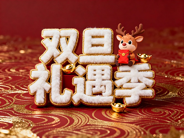 “双旦礼遇季” 毛绒艺术字，白字金边，嵌入麋鹿抱持的红包、立体金元宝，暗红背景带烫金纹路