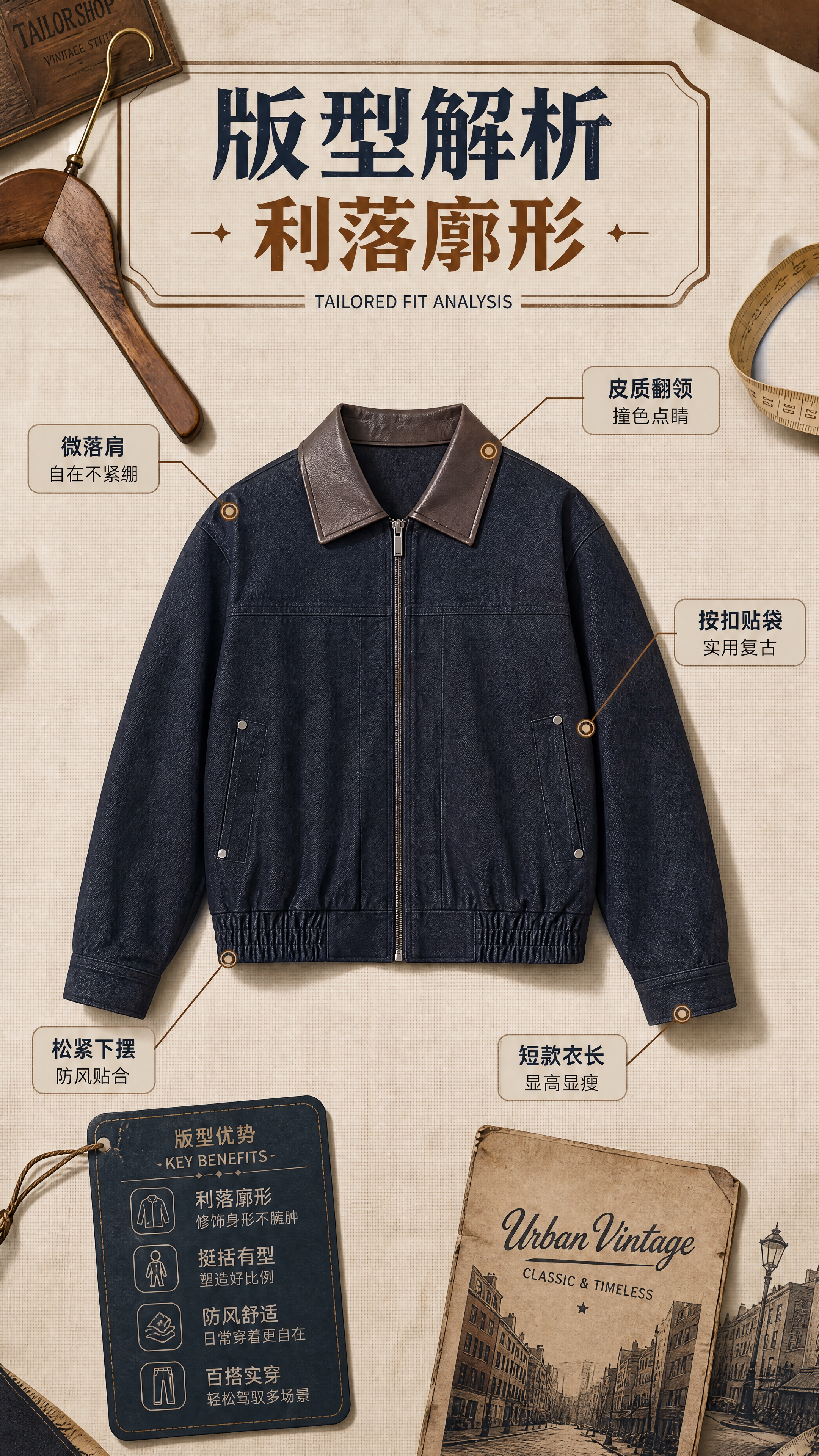 [商品] 使用【图1】深藏青牛仔面料+深棕色皮质翻领短款夹克；… - 图片创意预览