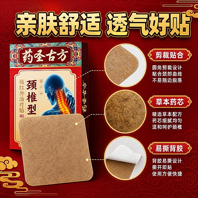 [主图-4] 产品细节 贴敷舒适品质展示图
[统一基调] 拼多多风格 大字直白 红金主色调 高转化视觉 背景为深红色渐变加金色祥云暗纹 标题用粗黑体金色描边 辅助文字白色 强调色为亮金色 信息卡片用红底金边样式
[画面] 画面中心偏左展示打开的颈椎贴 一片单独的贴剂平铺展示 贴剂为浅棕色方形药贴 表面有细微的药质纹理 旁边放着产品包装盒 占画面约30% 外观与输入图完全一致 右侧用三个圆形放大框分别展示贴剂的三个细节 第一个放大框展示贴剂边缘剪裁 第二个展示药芯材质 第三个展示背胶易撕设计 用引线连接到贴剂对应位置
[光影质感] 产品微距摄影质感 贴剂纹理清晰可见 主光柔和均匀 体现贴剂的柔软质感 包装盒保持原有的纸质覆膜质感
[配色] 主背景深红渐变 标题金色 贴剂自然浅棕色 放大框金色边框 整体红金搭配产品本色
[文字版式] 顶部大标题 亲肤舒适 透气好贴 粗黑体金色 三个放大框旁分别标注 剪裁贴合 草本药芯 易撕背胶 白色说明文字 文字全部横排 字号层级分明
[输出要求] 1:1正方形 2048x2048 产品清晰不变形 细节展示清楚 文字清晰无错字 无水印 无平台Logo 无多余杂物
