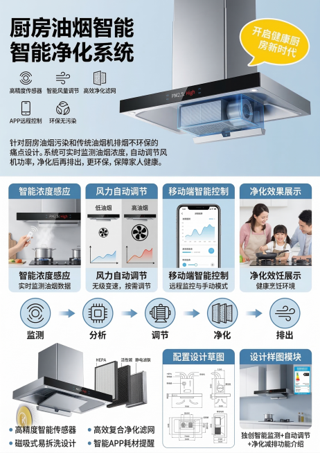 海报主题为厨房油烟智能净化系统，仿照参考海报的版式设计，整体清爽科技风格，所有文字字迹较大易于阅读。包含以下内容：作品名称"厨房油烟智能净化系统"，创意来源：针对厨房油烟污染、传统油烟机排烟不环保的痛预览效果