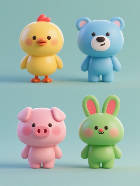 一套四个不同动物角色的3D卡通形象设计集合，保持圆润可爱的Q版风格，每个角色都有厚实光滑的塑料质感和柔和渐变的色彩过渡，高光和阴影的位置统一形成立体感，纯色背景上每个角色占据独立空间，规整排列成两行两列的布局，四个角色分别为粉色小猪、黄色小鸡、蓝色小熊和绿色小兔，每个动物都有大大的头部比例、短小的四肢和脸颊上的红晕，整体画面保持简洁明快的设计感。预览效果