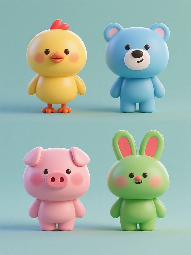 一套四个不同动物角色的3D卡通形象设计集合，保持圆润可爱的Q版风格，每个角色都有厚实光滑的塑料质感和柔和渐变的色彩过渡，高光和阴影的位置统一形成立体感，纯色背景上每个角色占据独立空间，规整排列成两行两列的布局，四个角色分别为粉色小猪、黄色小鸡、蓝色小熊和绿色小兔，每个动物都有大大的头部比例、短小的四肢和脸颊上的红晕，整体画面保持简洁明快的设计感。