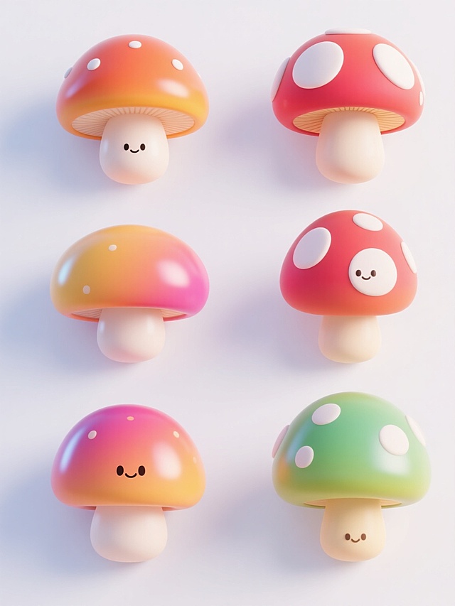 3D卡通风插画，画面中包含6个不同品种、不同样式、不同外观的蘑菇，每个蘑菇都具有圆润的造型和光滑的质感，色彩鲜艳明快，带有渐变过渡效果，蘑菇表面有光泽感和细微的高光点缀，白色背景，所有蘑菇排列整齐，形成有序的视觉布局，整体风格可爱活泼，充满童趣。