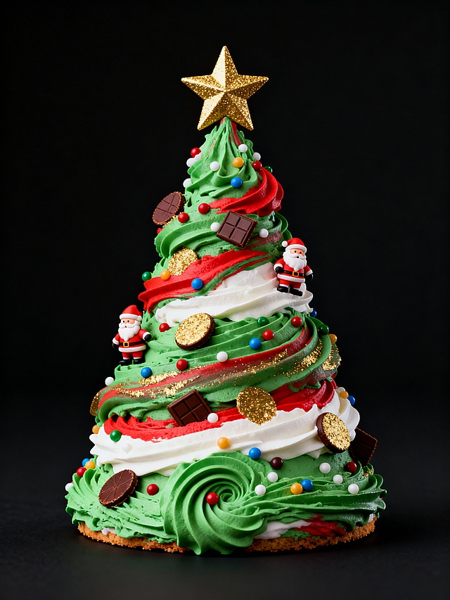 圣诞树造型蛋糕，融合粘土风与轻拟物设计，3D立体奶油螺旋层次分明，点缀卡通圣诞老人与彩色糖果，金色星顶闪耀，营造喜庆甜蜜的节日氛围。