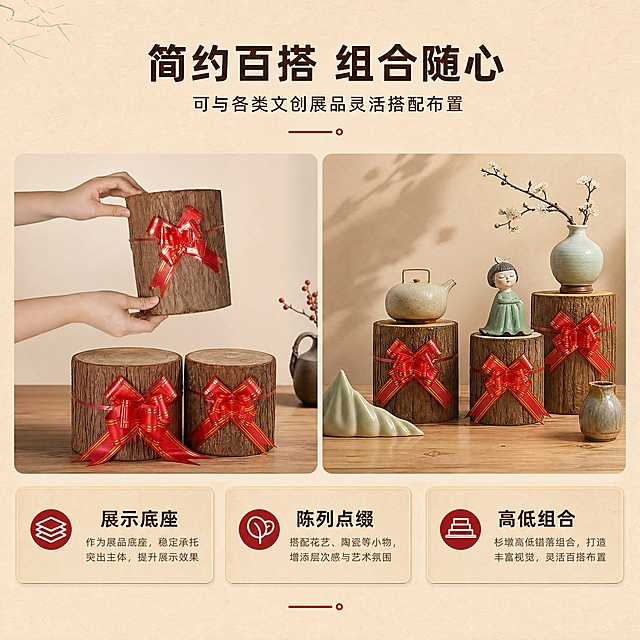 [商品] 使用【图5】手捧杉墩木段的场景图；保留杉墩木段的圆柱形结构、树皮纹理、红色金边蝴蝶结、手部持握动作；修复背景杂物，使产品与手部比例自然。
[画面] 页面目标：搭配灵感展示，体现产品可与各类文创展品组合布置。构图：左右分栏，左侧为手捧杉墩的搭配示意，右侧为组合陈列效果示意图。主体占画面约50%。展示杉墩木段作为展示底座、陈列道具的多种搭配方式，与陶瓷、手作、花艺等文创品组合。
[视觉] 套系策略：风格=文创雅致商业摄影风；标题字=阿里巴巴普惠体粗体；正文字=阿里巴巴普惠体常规；主色=暖木棕；背景延展=基于暖木棕做米白到浅棕的同色系渐变、细腻木纹纸质感；强调色=朱砂红，仅用于小面积装饰线、标签和重点文字高亮；标题色=深棕褐；正文色=暖灰棕；组件=圆角浅木色信息卡、细金线引线；光影=左前侧暖柔光，右侧柔和补光。
[文字] 顶部主标题"简约百搭 组合随心"，副标题"可与各类文创展品灵活搭配布置"。下方分三栏展示三种搭配方案：「展示底座」「陈列点缀」「高低组合」，每栏配简短说明。文字全部横向排版。
[规格] 图片比例1:1，4K，负向提示：避免变形、错字、文字过小、冷蓝背景、产品颜色改变、出现天然/环保/原生态等极限词、出现淘宝平台违禁词、出现小标致图案。