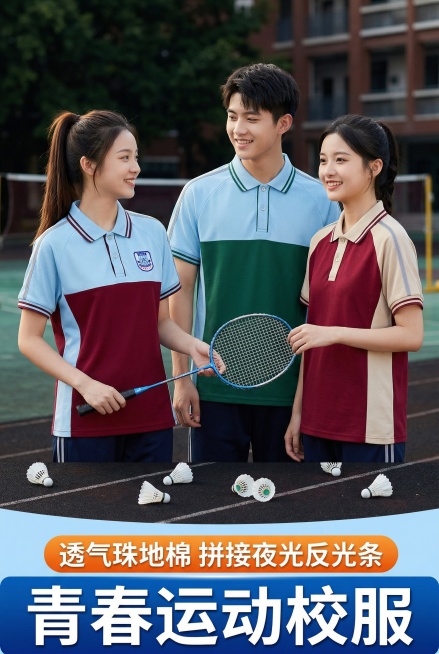 使用用户上传的产品图风格，产品为拼色 POLO 衫，由三位年轻学生完整上身展示，清晰呈现于画面视觉中心，比例协调不变形。不改变产品的款式和颜色，上衣布料为珠地棉，保留网眼视感，衣服正面仅保留校徽设计不预览效果