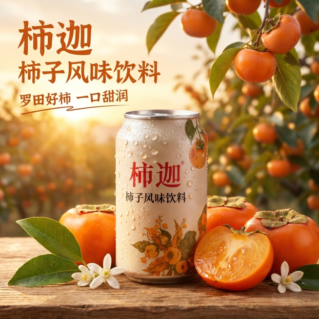 [主图 1] 柿迦柿子风味饮料新品首图，自然食欲风。
[氛围风格] 清新自然果园氛围，温暖诱人食欲感。
[画质] 商业摄影质感，光线柔和通透，产品清晰真实，画面干净高级。
[元素] 单罐柿迦柿子风味饮预览效果