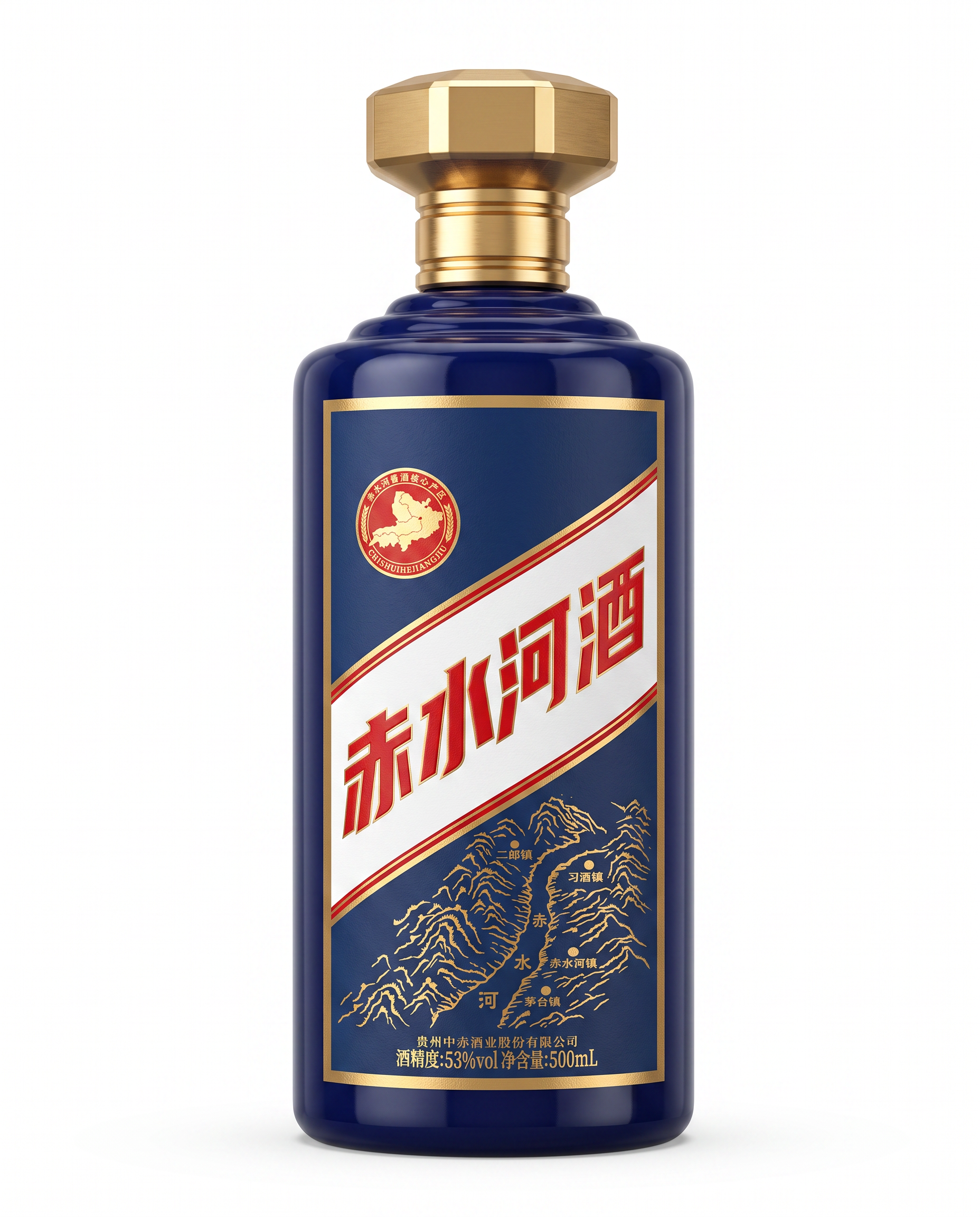 将图中的赤水河酒酒瓶转换为3D质感精修渲染效果，产品置于纯净的… - 图片创意预览