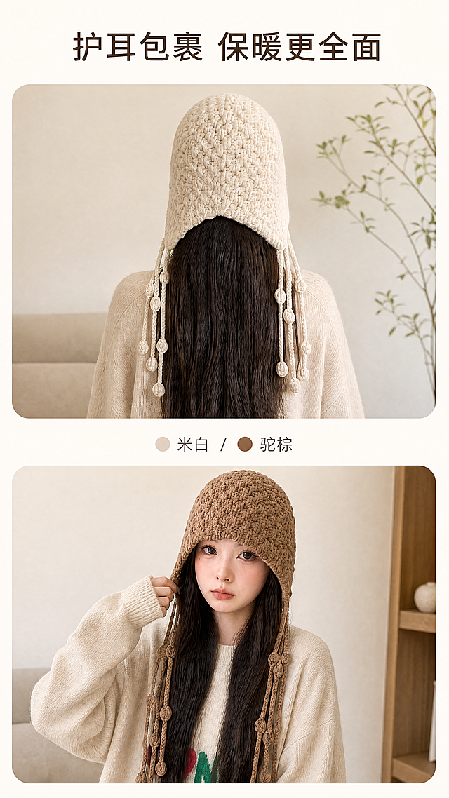 「图片1」「图片1」「图片1」「图片1」「图片1」「图片1」「图片1」「图片1」「图片1」「图片1」，生成详情页（10张），适配1688平台，单屏比例为9:16，商品名称川藏出游风流苏针织帽，卖点：小众流苏辫子设计 — 两侧加长编辫+球形结点，区别于普通针织帽，造型辨识度高
显脸小护耳包头 — 外扩帽型+护耳设计，包裹性好，修饰脸型（主图已有"外扩型 显脸小"卖点佐证）
保暖防风 — 厚实针织/钩针工艺，秋冬户外通勤两用，覆盖耳部+头顶+后颈
多色多场景穿搭 — 红/驼/黑/米/棕5色，覆盖甜美、ins风、户外、复古多种风格
拍照出片 — 长辫子随动作摆动，自带pose感，社交平台拍照属性强