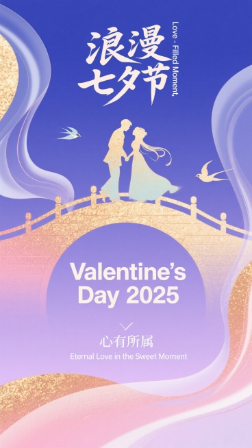 新中式扁平商业插画风格，9:16尺寸，冷色调高饱和渐变背景（浅紫到深空蓝），上方居中“浪漫七夕节”新中式书法笔触文字，左侧纵向排列“Love - Filled Moment, 2025”纤细无衬线字体预览效果