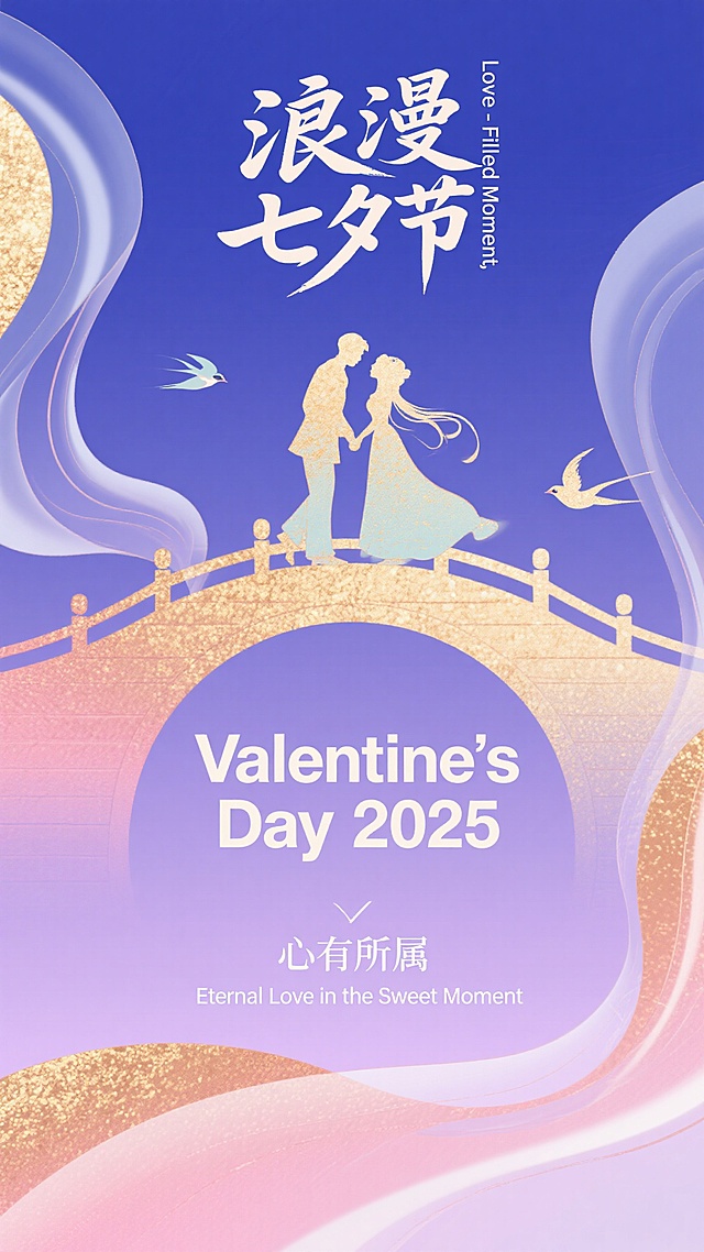 新中式扁平商业插画风格，9:16尺寸，冷色调高饱和渐变背景（浅紫到深空蓝），上方居中“浪漫七夕节”新中式书法笔触文字，左侧纵向排列“Love - Filled Moment, 2025”纤细无衬线字体，中央偏下“Valentine's Day 2025”粗体无衬线字体，下方分两行“心有所属”简约宋体与“Eternal Love in the Sweet Moment”细圆体，画面主体为鹊桥相会的剪影情侣，周围环绕透明流体光影，肌理做旧与噪点效果，局部玫瑰金暖色点缀