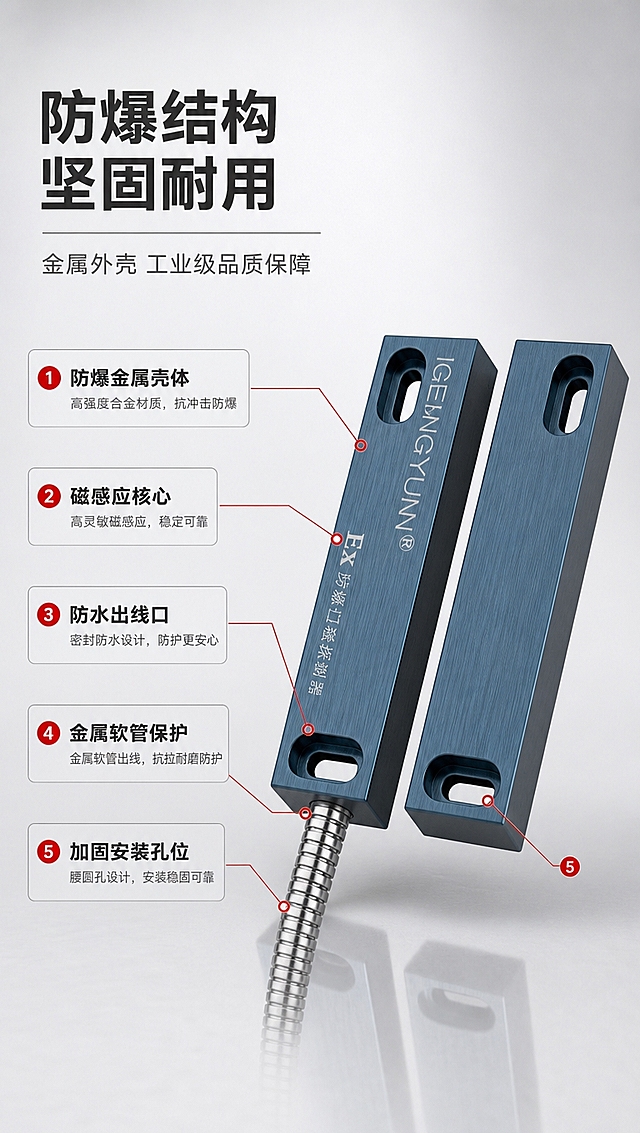 [商品] 使用【图1】防爆门磁探测器；保留深蓝灰金属拉丝外壳、IGENGYUN® Logo、Ex字样、腰圆形安装孔位、金属软管出线，产品外观严格不变。
[画面] 目标：结构材质解析，证明防爆工艺与金属品质。构图：左文右图，产品放大占右侧60%，左侧信息区用引线标注关键结构部位；标注点：①防爆金属壳体 ②磁感应核心 ③防水出线口 ④金属软管保护 ⑤加固安装孔位。背景：浅灰渐变棚拍背景，带反光台面。
[视觉] 套系策略：风格=报警行业专业克制高级商业摄影；标题字=粗黑无衬线简体中文；正文字=简洁无衬线简体中文；主色=白+中灰+深灰；背景延展=浅灰到中灰柔和渐变棚拍背景；强调色=警示红，仅用于引线端点和标注序号圆点；标题色=深炭灰；正文色=中灰；组件=红色引线+序号圆点、浅灰信息卡、细线分隔；光影=左前侧柔光，突出金属拉丝质感。
[文字] 左上主标题「防爆结构 坚固耐用」（8字），副标题「金属外壳 工业级品质保障」（10字）；5处引线标注各含4字标题+6字说明；所有文字横向排版，不遮挡产品Logo和Ex字样。
[规格] 图片比例9:16竖版，4K分辨率，中文文案，避免变形、错字、文字过小、深色背景、高饱和彩色、产品外观改变、极限词。