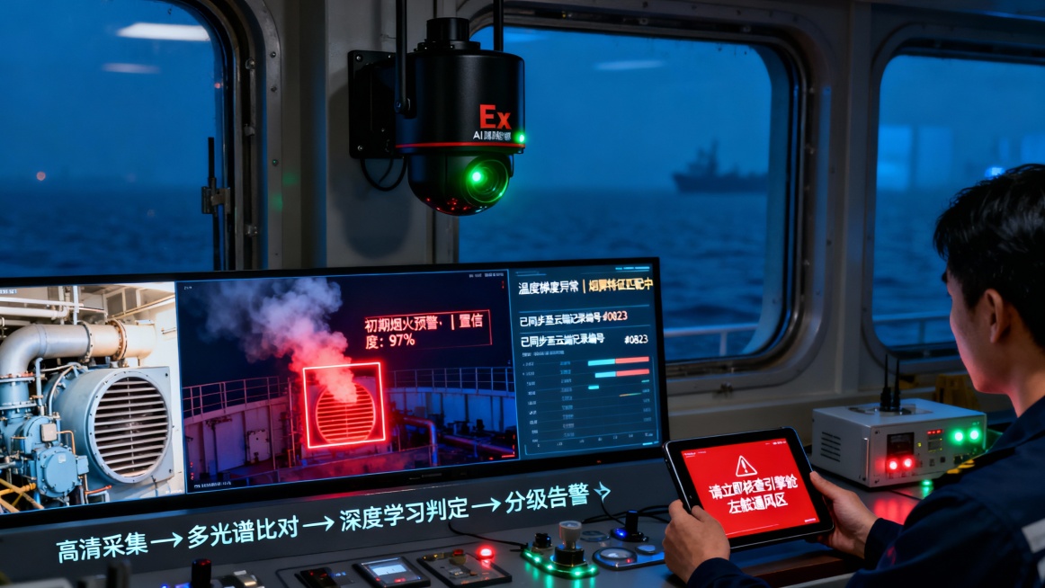 在一艘大型货轮的监控室内，夜色透过舷窗渗入，室内光线主要来自仪表盘的冷光。一台黑色AI防爆摄像机被稳固安装在舱壁高处，其坚固外壳带有“Ex”防爆认证标志，机身侧面的绿色状态指示灯在昏暗中稳定闪烁。预览效果
