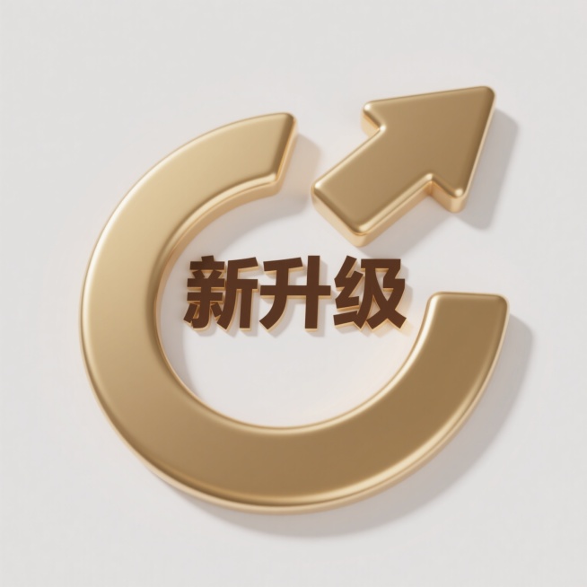 一个白色背景上的3D立体设计，金色金属质感的向上弯曲箭头图标，箭头表面有细腻的高光和阴影表现，呈现出光滑的金属光泽，箭头中央位置有“新升级”三个汉字，字体为粗体无衬线风格，颜色为深棕色，文字与金色箭头形成鲜明对比，整体设计简洁现代，具有清晰的视觉层级，突出“新升级”的核心信息，传达出积极向上、品质提升的氛围。预览效果