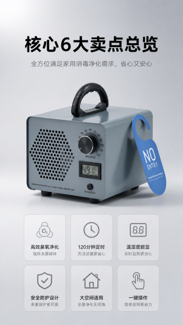 "核心6大卖点总览" "全方位满足家用消毒净化需求，省心又安心"。主文案居中放大粗黑字体，副文案居下纤细浅色字体，版式对齐统一。沿用第一屏简约家用风浅灰渐变背景，画面中心摆放产品整体实拍，下方搭配6个预览效果