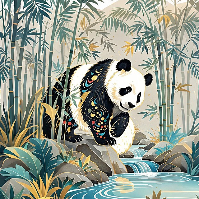 熊猫，竹子，溪流
