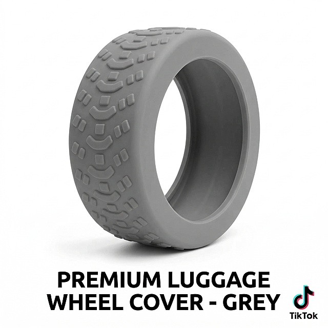 Single square product image for TikTok shop: single grey premium luggage wheel silicone cover on clean white background, text "PREMIUM LUGGAGE WHEEL COVER - GREY", English text, consistent clean commercial style, product centered, highlight the product texture.