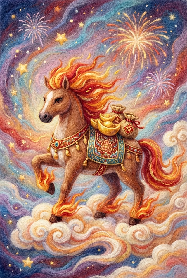 梦幻星空下，火焰鬃毛的祥马踏云而行，身披国潮纹饰，驮着金元宝与福袋，烟花绽放，厚涂油画质感交织超现实意境，喜庆中式插画风迎新春。