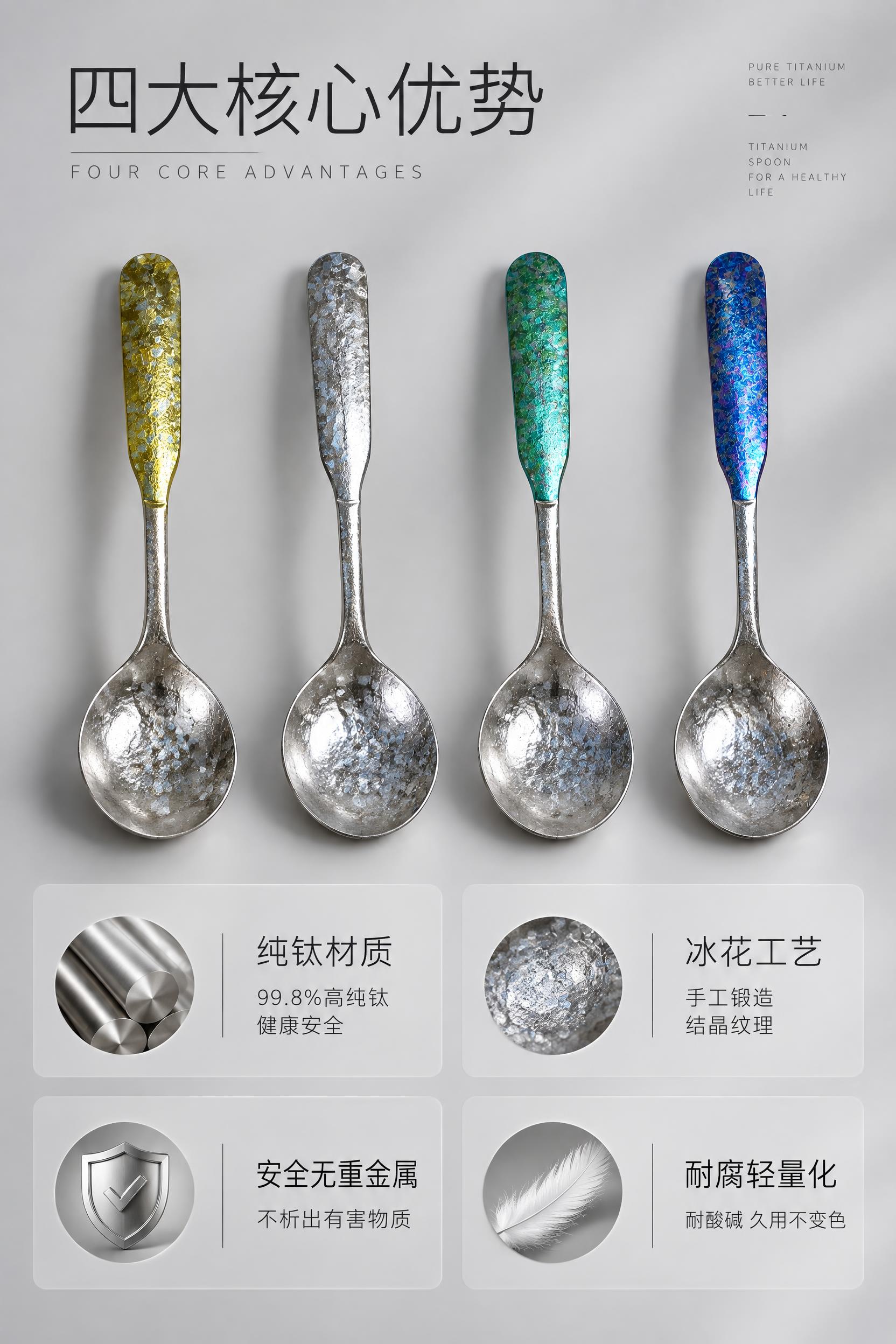 核心卖点总览屏。基于上传的金/银/青/蓝4款纯钛冰花勺子产品图… - 图片创意预览