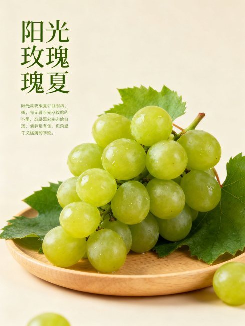 清新治愈夏日风格水果海报，简约感设计，暖色自然柔和光影，干净莫兰迪浅色系背景，阳光玫瑰为主角，色彩鲜艳水润多汁，搭配绿叶和浅木盘形成稳定三角构图，左侧预留文字放置区域，整体质感高级，清爽干净氛围预览效果