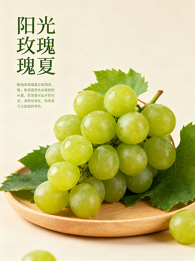 清新治愈夏日风格水果海报，简约感设计，暖色自然柔和光影，干净莫兰迪浅色系背景，阳光玫瑰为主角，色彩鲜艳水润多汁，搭配绿叶和浅木盘形成稳定三角构图，左侧预留文字放置区域，整体质感高级，清爽干净氛围