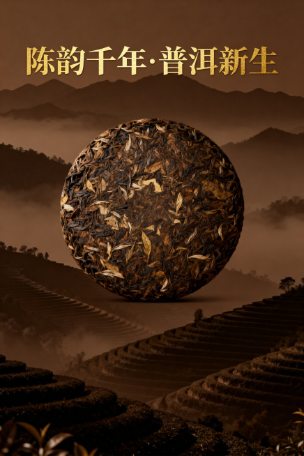普洱茶宣传册封面设计，深棕色为主色调，复古中式风格，带有圆形普洱茶饼图案，云南茶山背景，烫金文字“陈韵千年·普洱新生”，意境悠远，质感高级预览效果