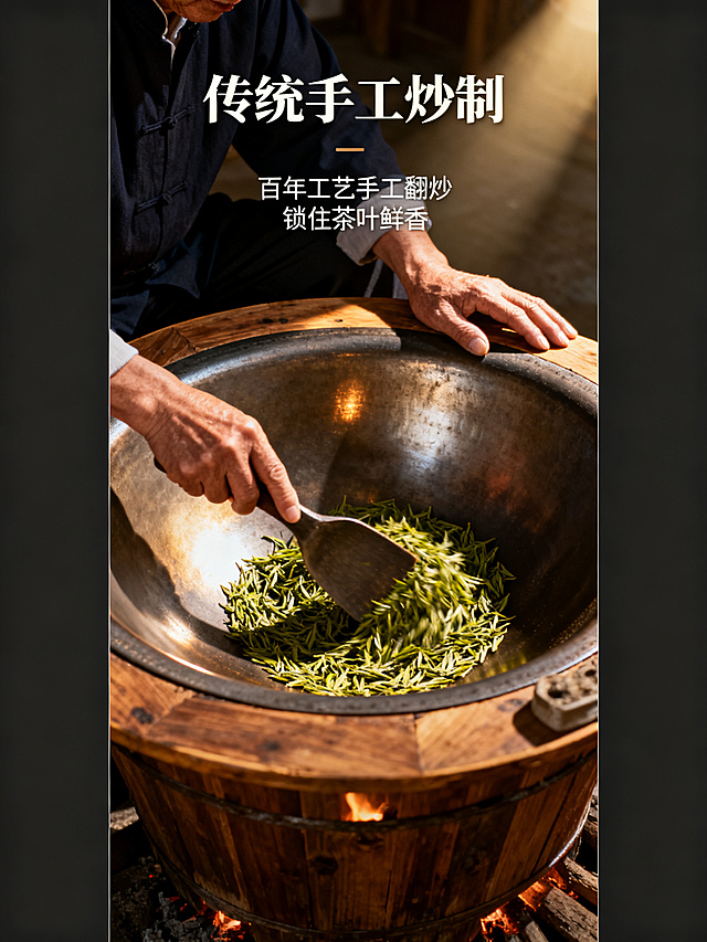 [信阳毛尖详情页第十屏 传统手工炒制工艺] 竖版3:4比例，展示老师傅手工炒制信阳毛尖，传统铁锅手工翻炒，保留茶叶原始香气，上方标题传统手工炒制，下方文字标注百年工艺手工翻炒 锁住茶叶鲜香，暖调自然光影，突出传统匠心工艺，3:4比例，1080x1440分辨率，2k分辨率，超高清。