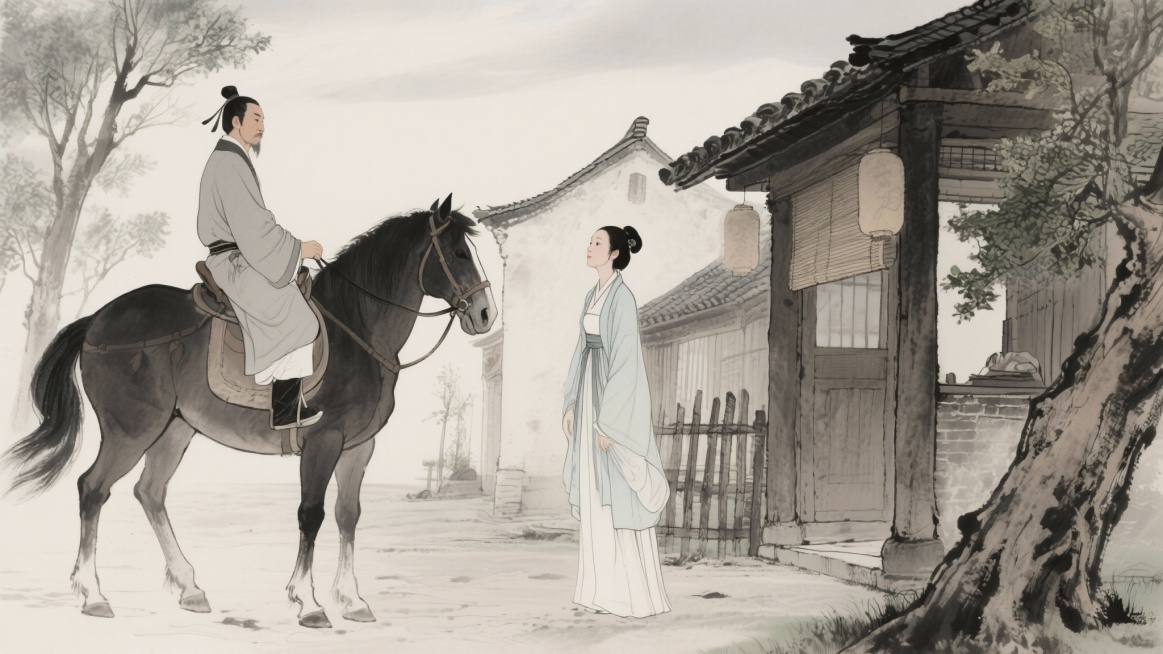 驿站场景，中年元稹与中年薛涛告别，元稹翻身上马预览效果