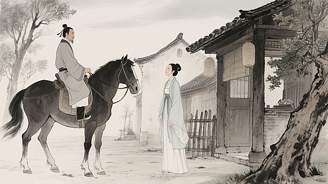 驿站场景，中年元稹与中年薛涛告别，元稹翻身上马