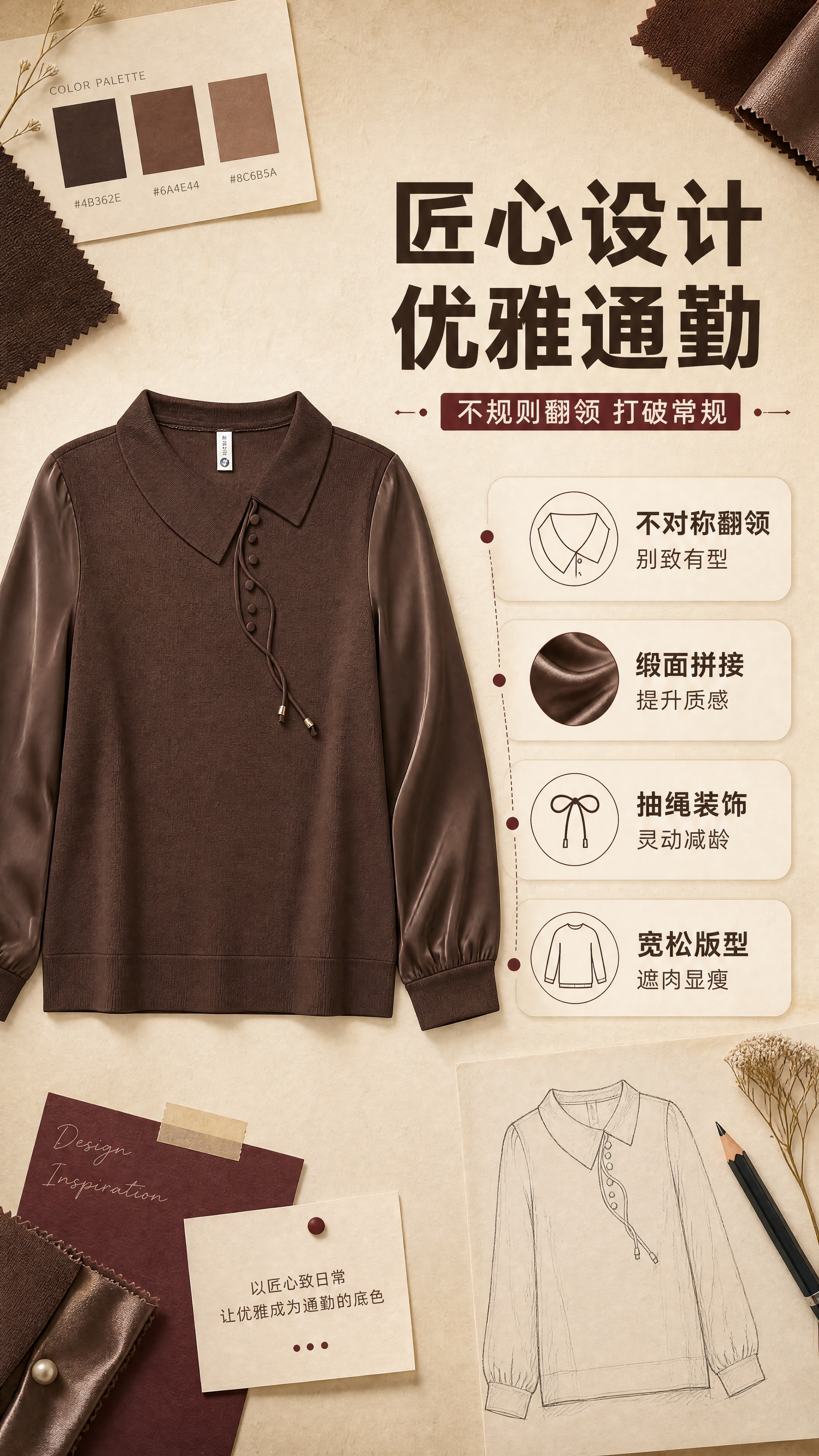 [商品] 使用【图1】咖啡色不规则翻领拼接长袖针织上衣；商品处… - 图片创意预览