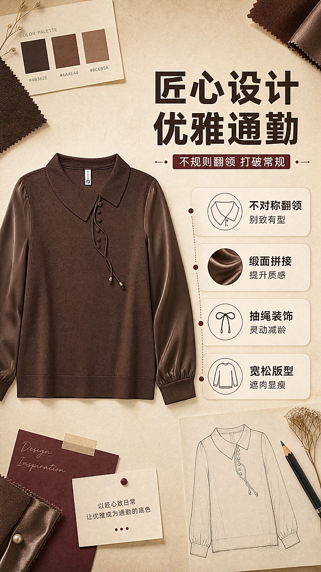 [商品] 使用【图1】咖啡色不规则翻领拼接长袖针织上衣；商品处理：保留不规则翻领、抽绳装饰扣、缎面拼接袖、罗纹收口、版型结构和咖啡色原貌；自然去除衣身杂乱褶皱，理顺垂坠，增强针织纹理、缎面光泽和缝线质感，不改变版型和颜色。
[画面] 目标：设计理念页，诠释不规则翻领+缎面拼接的优雅通勤风格。构图：竖版9:16，左侧40%展示咖啡色上衣正面平铺全貌，右侧60%为设计理念文案区+装饰元素。背景：浅米色纸张质感背景，散落色卡、面料小样、铅笔草图等设计元素，营造设计师工作室氛围。
[视觉] 套系策略：风格=拼多多接地气温馨商业风；标题字=粗黑体醒目大字；正文字=清晰圆体；主色=暖咖棕；背景延展=暖米色到浅咖色渐变、细腻织物/纸张质感；强调色=酒红色，仅用于小面积标签、引线和装饰点；标题色=深咖棕；正文色=深灰棕；组件=圆角信息卡、细线引线、圆点装饰；光影=左前侧暖柔光，产品清晰有立体感。
[文字] 右上主标题"匠心设计 优雅通勤"，副标题"不规则翻领 打破常规"，下方4个设计关键词短句"不对称翻领 别致有型""缎面拼接 提升质感""抽绳装饰 灵动减龄""宽松版型 遮肉显瘦"，配小图标，文字全部横排，不遮挡产品主体。
[规格] 图片比例9:16竖版，分辨率4K，质量medium。避免变形、错字、文字过小、冷蓝背景、衣服颜色改变、版型失真、极限词、平台Logo。