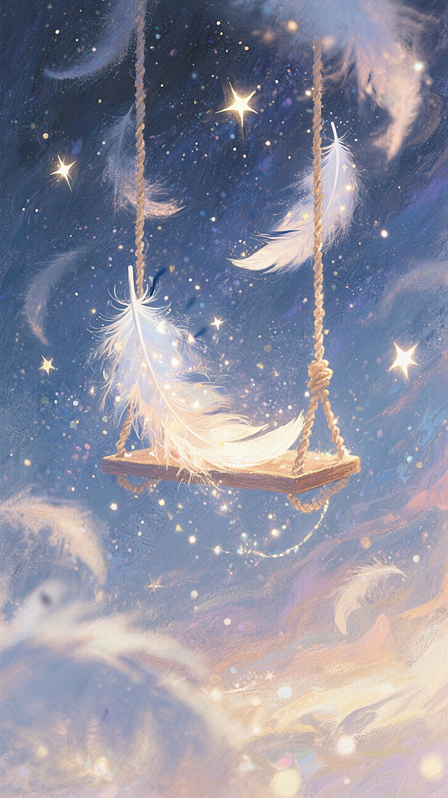 发光的星海，羽毛编织的秋千，稀碎星光，有线条亮光，颗粒发光，光泽感，弱化物体精准轮廓，轻柔涂抹营造朦胧氛围