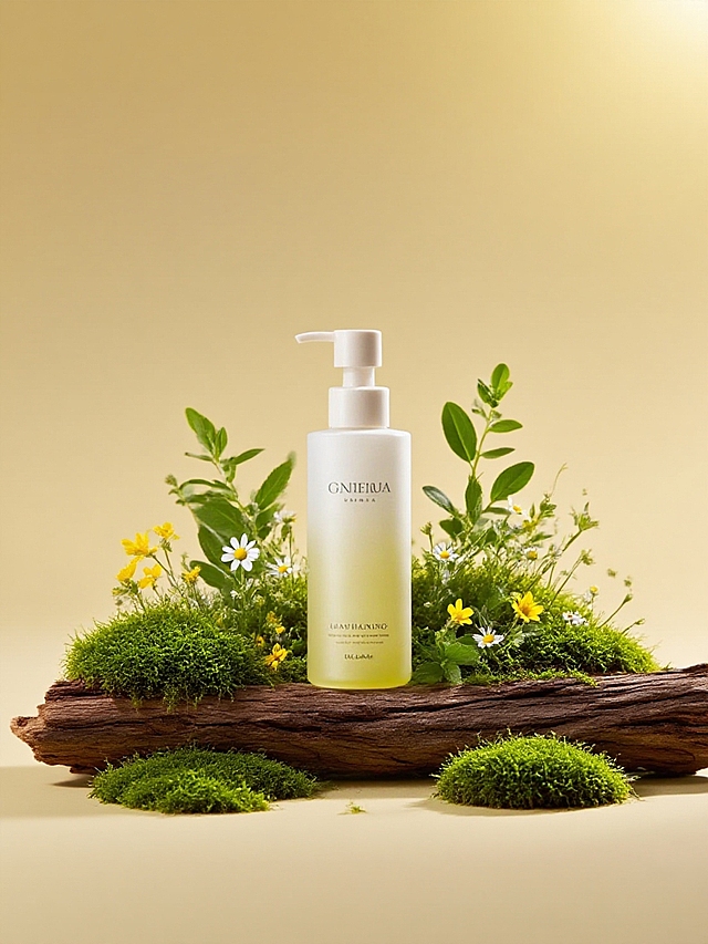 主体放置在覆盖枯木上，周围有绿色苔藓、黄色小花、绿叶、白色小花环绕，背景为浅黄色，光线柔和