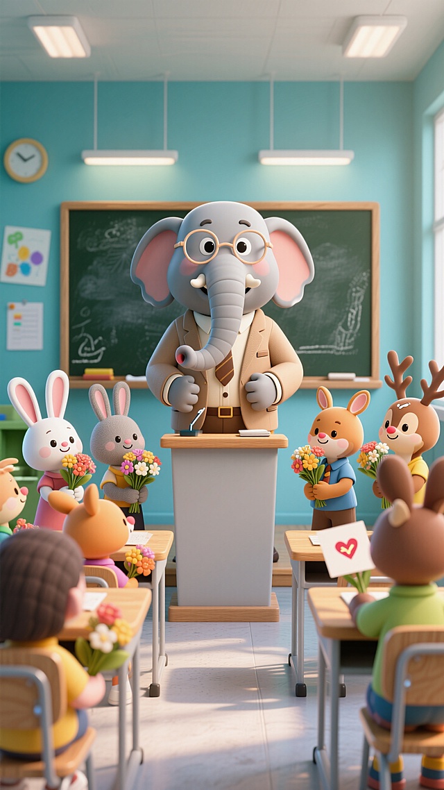3D卡通风格，拟人化动物在教室庆祝教师节，简约温馨，充满可爱感。