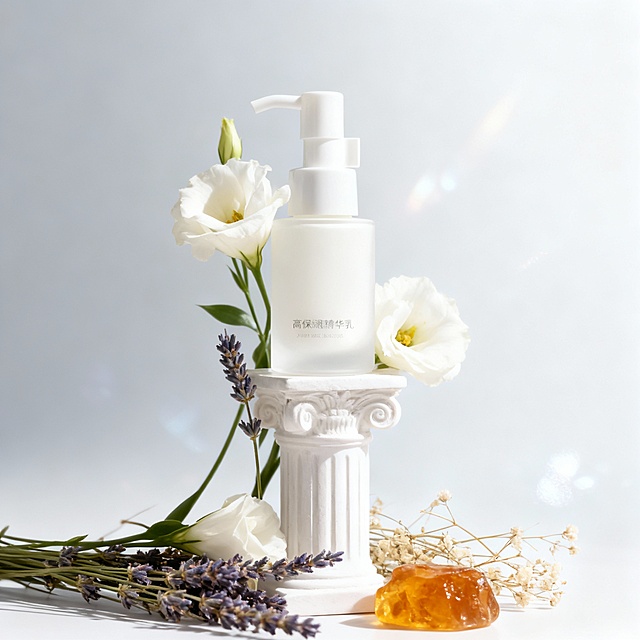 优雅纯净写实风设计，白色精华乳瓶与罗马柱、花植元素结合，营造雅致治愈的护肤展示氛围