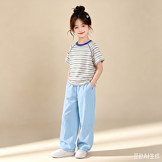 用图1的短袖和裤子替换图的2的人物穿的衣服裤子，保留原场景光影，保持图2的人物的五官和发型不变，图片宽高尺寸不变，背景不变，鞋子不变，改变人物的站姿，保持图1的短袖和裤子的款式材质不变和颜色不变