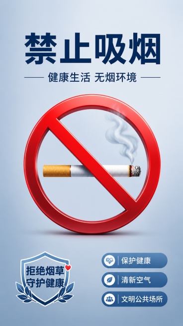 这是一张禁止吸烟主题的公益宣传海报，设计风格为写实商业摄影，画面简洁干净。主视觉为大号居中的禁止吸烟图形符号，上方是主标题"禁止吸烟"，下方是副标题"健康生活 无烟环境"，左下角添加装饰标语"拒绝烟草预览效果